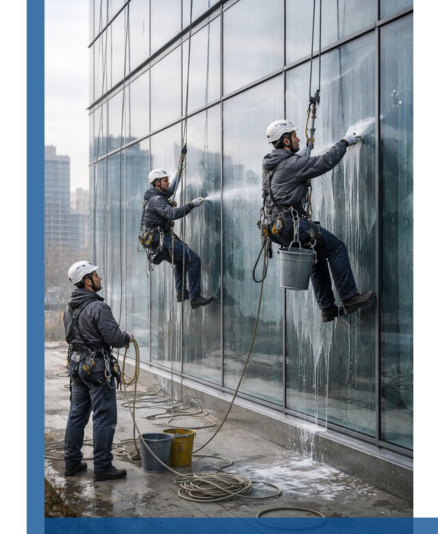 Промышленная мойка панорамных окон на высоте в Новороссийске