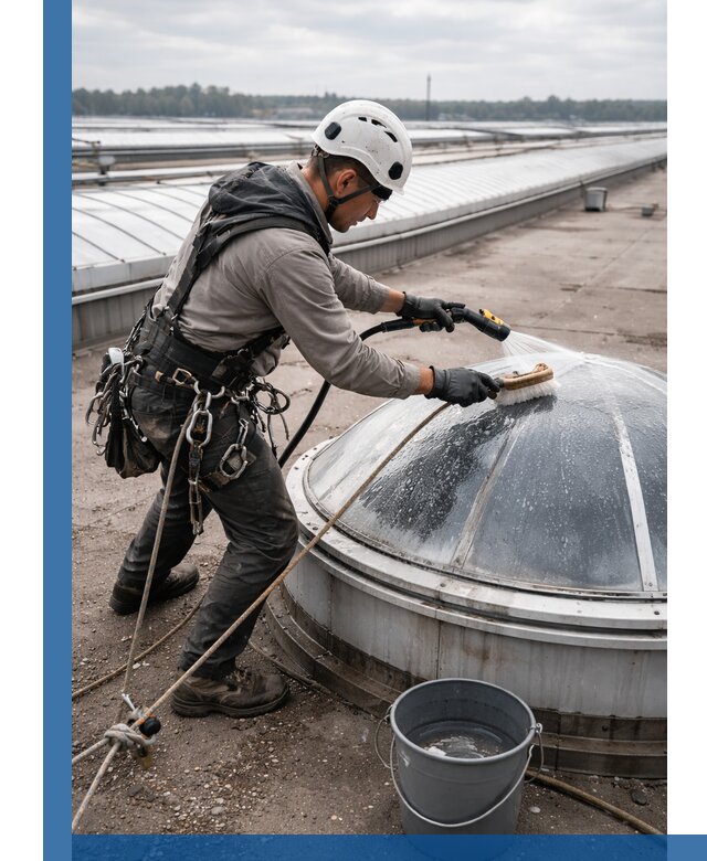 Мойка зенитных фонарей на кровле для промышленных объектов в Новороссийске