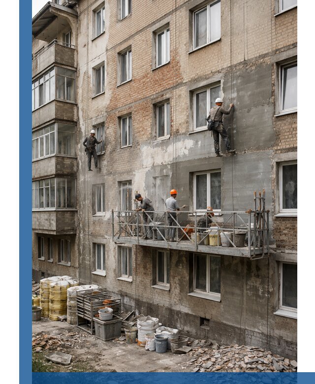 Капитальный ремонт фасада в Новороссийске с восстановлением и гидроизоляцией