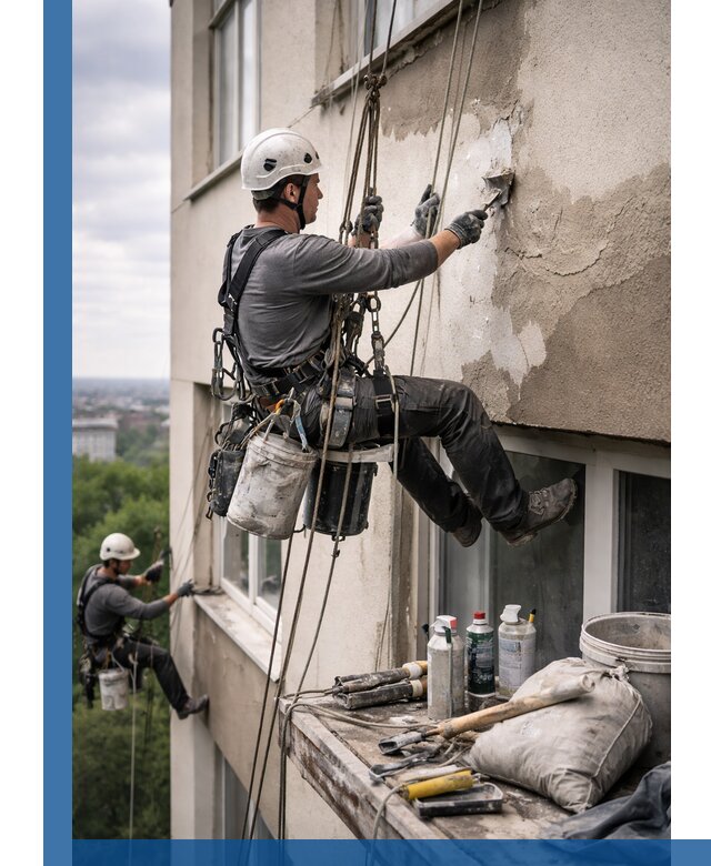 Косметический ремонт фасада зданий в Новороссийске промышленными альпинистами