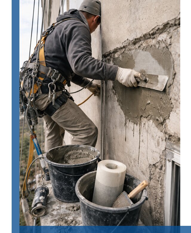 Ремонт бетонных элементов фасада промышленными альпинистами в Новороссийске