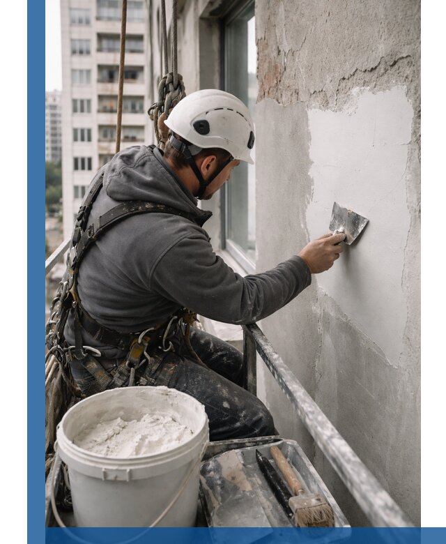 Шпаклевка фасадов на высоте с промальпинистами в Новороссийске