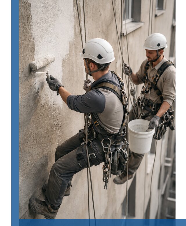 Грунтовка фасада на высоте в Новороссийске промышленными альпинистами