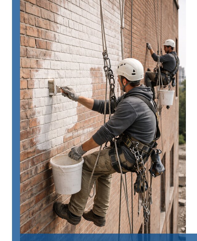 Покраска кирпичного фасада с доступным альпинистским сервисом в Новороссийске