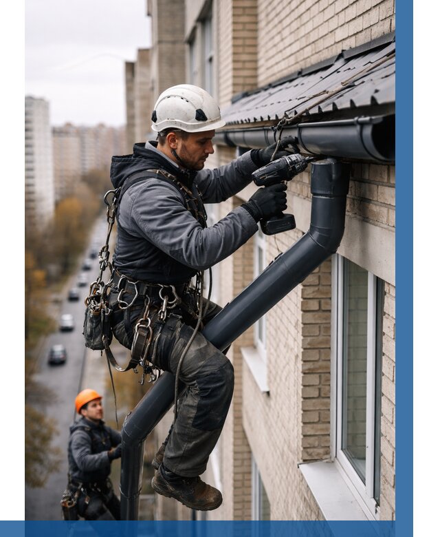 Монтаж водосточной системы на здании в Новороссийске от 5104 р. | ВЫСОТНИК-Нвр