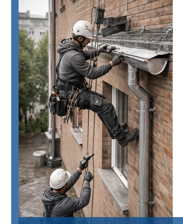 Монтаж водосточной системы на здании в Новороссийске под ключ