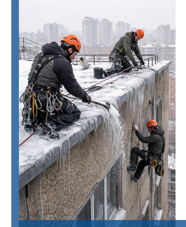 Удаление наледи с кровли в Новороссийске промышленными альпинистами