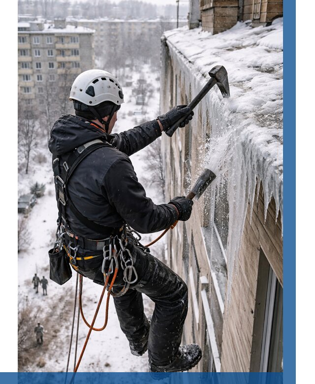 Сбивание сосулек с крыши в Новороссийске по цене от 4594 р. | ВЫСОТНИК-Нвр