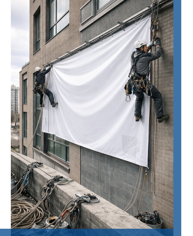 Монтаж баннеров на фасаде в Новороссийске от 664 р. заказать ВЫСОТНИК-Нвр