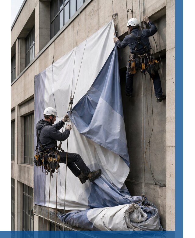 Демонтаж баннеров с фасада в Новороссийске от 4594 р. | ВЫСОТНИК-Нвр