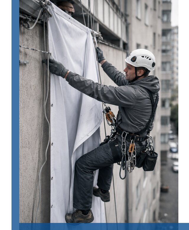 Замена баннерного полотна промышленными альпинистами в Новороссийске