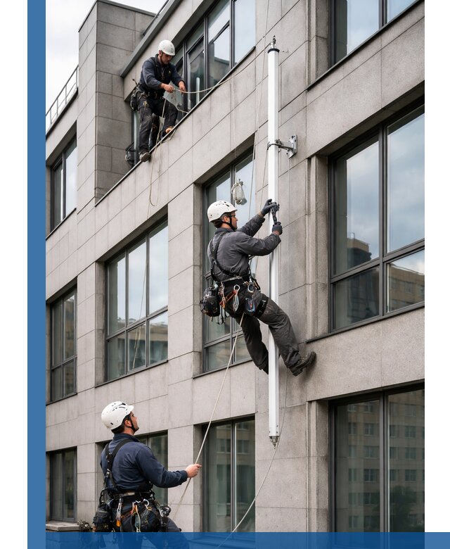 Монтаж флагштока на фасаде здания с креплением и герметикой в Новороссийске