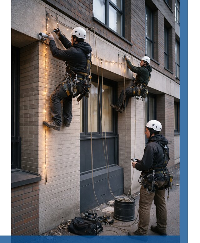 Монтаж гирлянд на фасаде в Новороссийске от 3573 р. | ВЫСОТНИК-Нвр