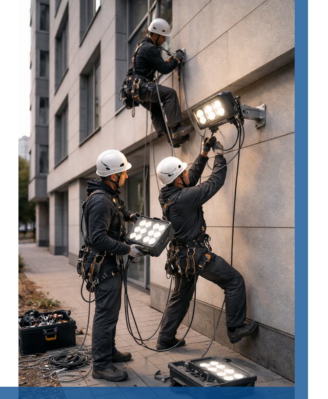 Монтаж прожекторов на фасаде в Новороссийске от 7656 р. | ВЫСОТНИК-Нвр