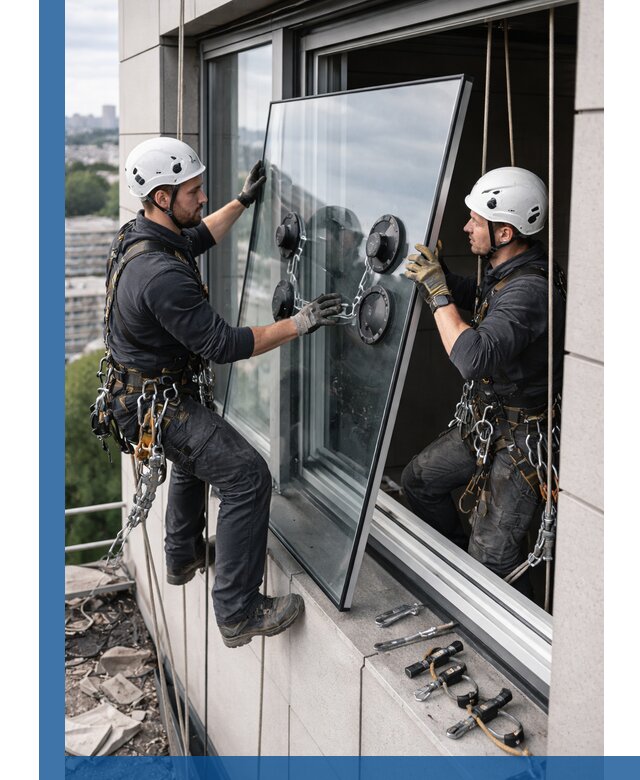Замена стеклопакетов на высоте с промышленными альпинистами в Новороссийске