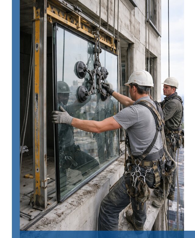 Монтаж стеклопакетов на высоте в Новороссийске с промышленным альпинизмом