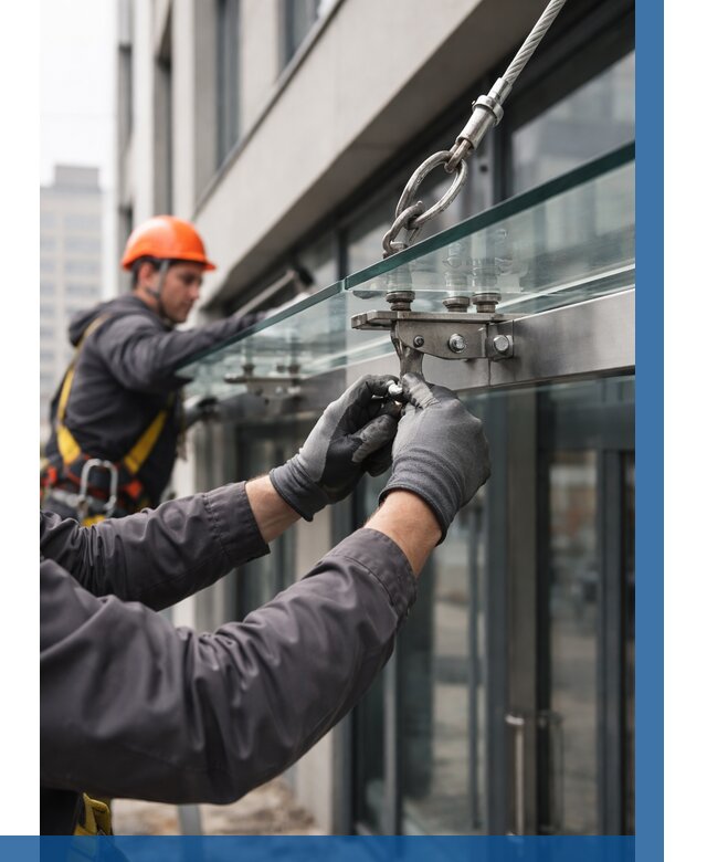 Монтаж стеклянных козырьков в Новороссийске от 8677 р. | ВЫСОТНИК-Нвр