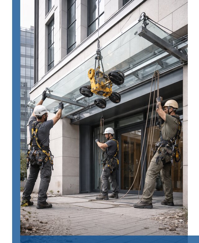 Монтаж стеклянных козырьков под ключ в Новороссийске для зданий