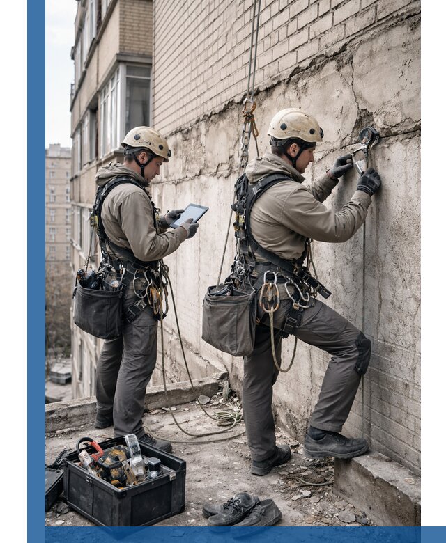 Обследование фасада промышленными альпинистами в Новороссийске